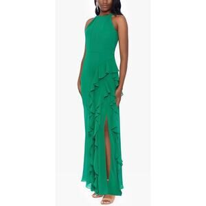 Betsy & Adam Cascading Ruffles Halter Dress Green Size 16 NEW